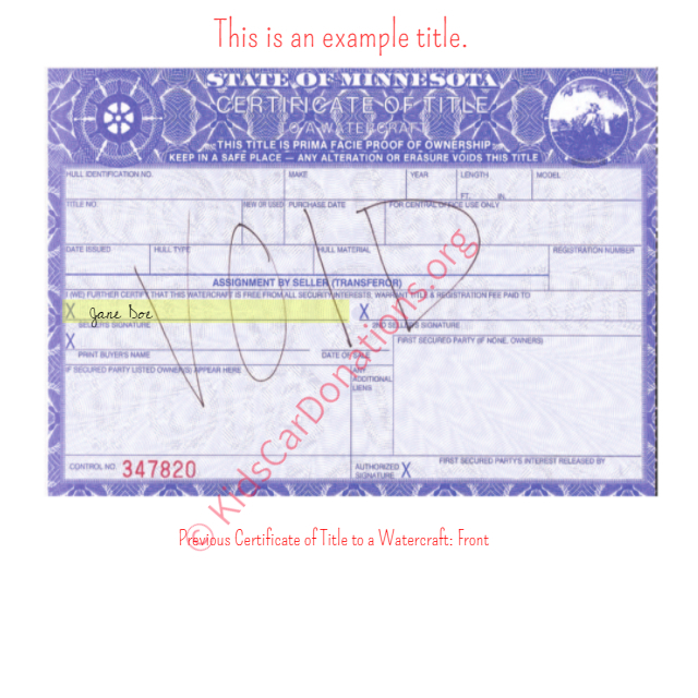 This is an Example of Minnesota Previous Certificate of Title to a Watercraft - Front | Kids Car Donations